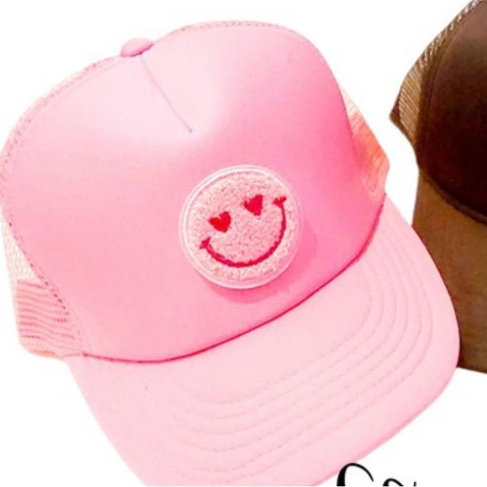 Cotton Candy Pink Smiley Trucker Hat Cute Flat Brim Hat One Size, Cute Brimmed Trucker Hat, Cute Brimmed Trucker Hat One Size Fits Most, Cute Brimmed Trucker Hat, One Size Fits Most, Trendy Hats With Curved Brim, Cute Adjustable Baseball Cap With Short Brim, Trendy Pink Brimmed Mini Hats, Trendy Pink Brimmed Hat, Trendy Brimmed Summer Trucker Hat