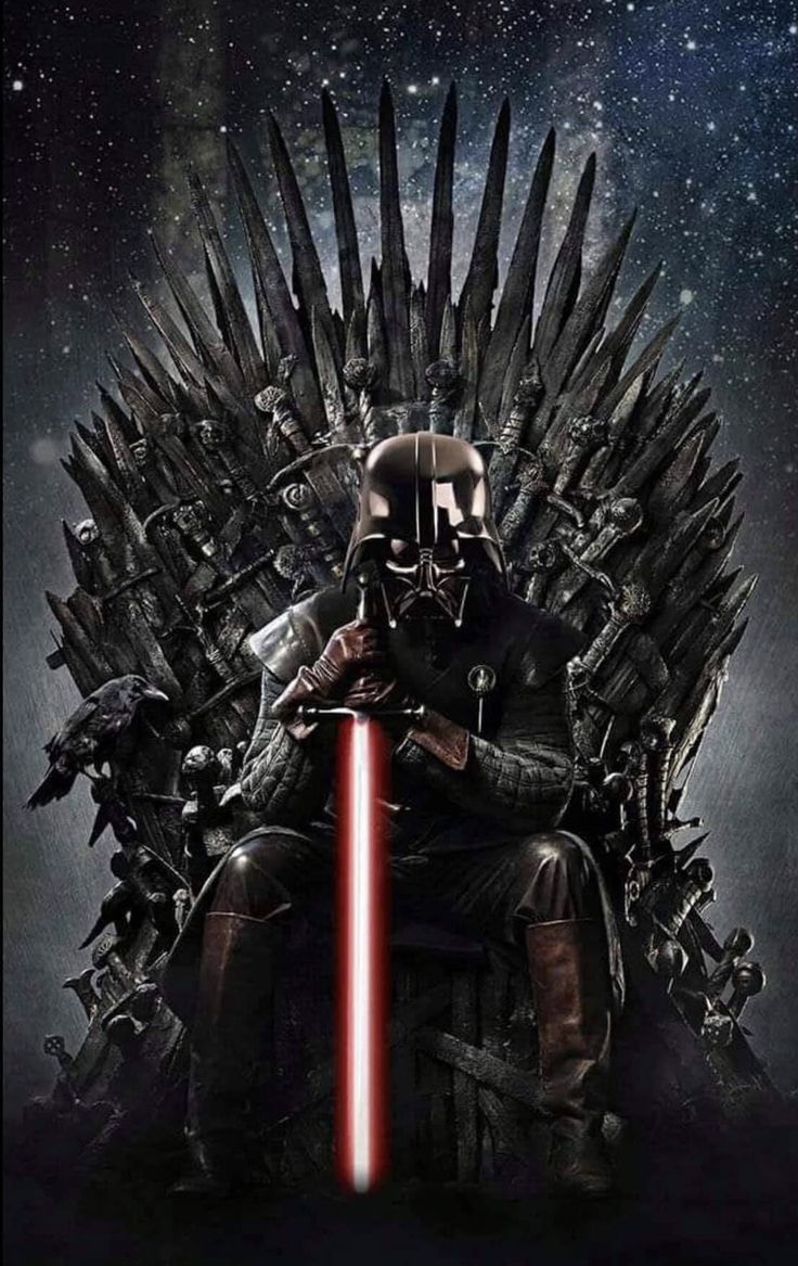 darth vader sitting on the iron throne with his lights saber in his hand