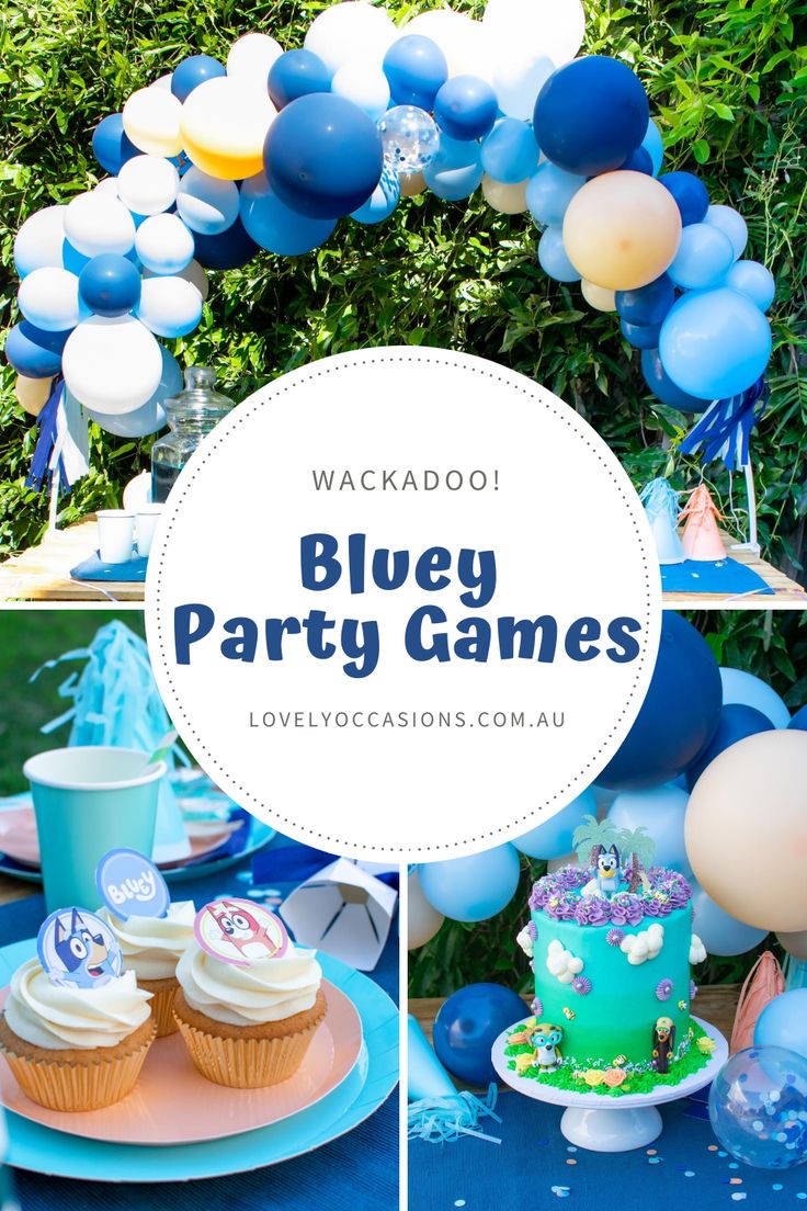 blue party games with balloons and cupcakes