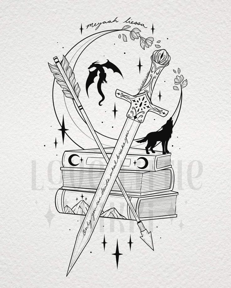 a drawing of two swords and some books