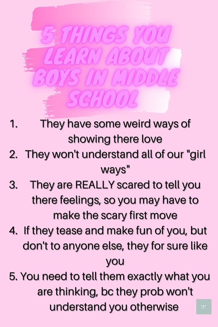 a pink poster with the words 3 things you learn about boys in middle school