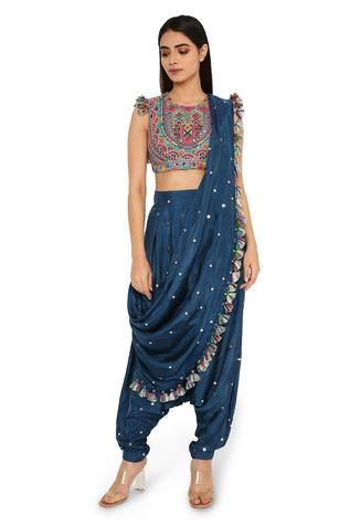 Shop for Payal Singhal Blue Silk Dhoti Saree With Blouse for Women Online at Aza Fashions Low Crotch Pants, Dhoti Saree, Payal Singhal, Midnight Blue Color, Blue Saree, Indian Fashion Designers, 12 Weeks, Blouse Online, Professional Cleaning