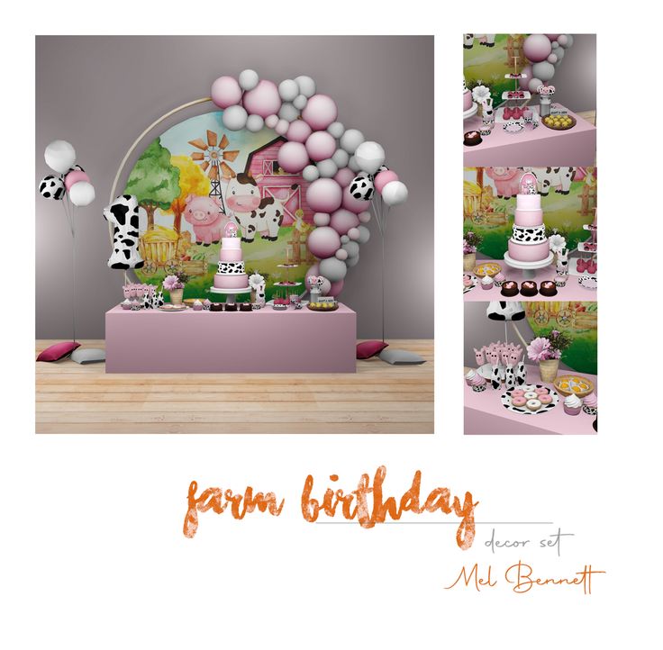 an image of a farm birthday party with balloons and animals on the table in front of it