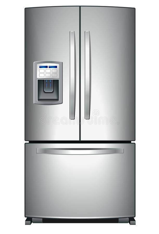 a silver refrigerator freezer sitting next to a white wall with a calculator on it