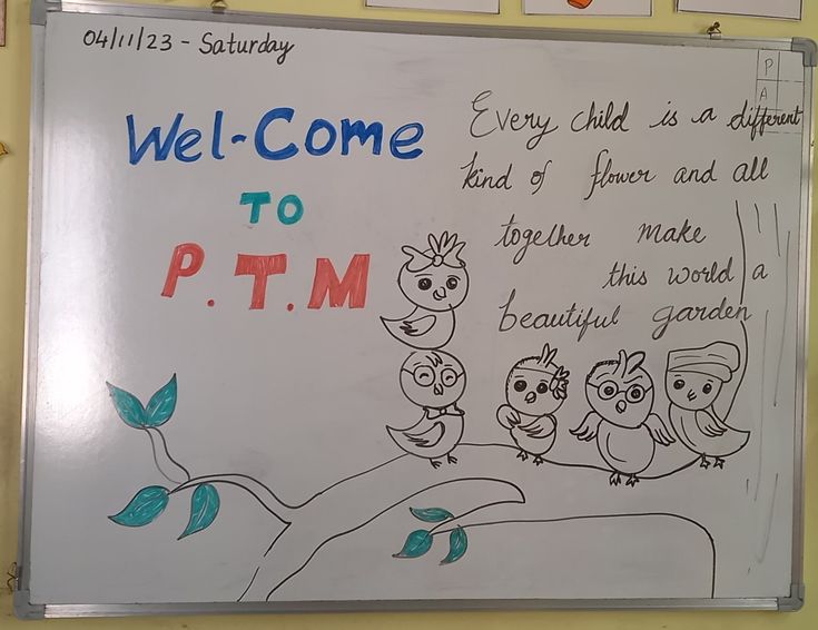 a white board with writing on it that says welcome to p t m and three owls sitting on a branch