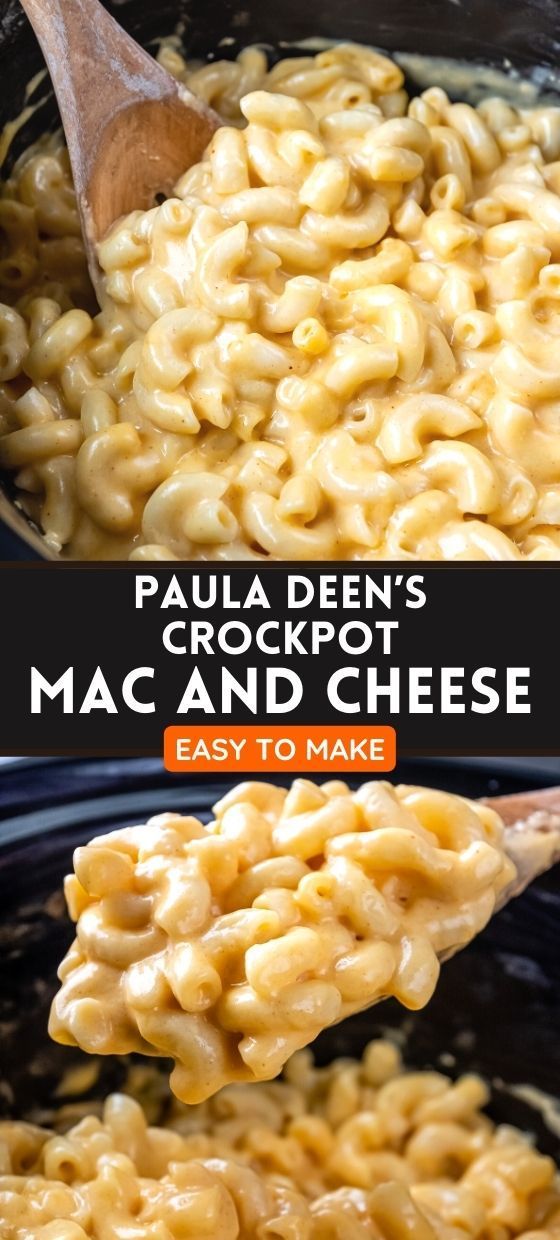 macaroni and cheese is being cooked in the crockpot with a wooden spoon