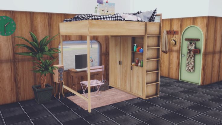 CC Addict, Guilty! — [KKB]double-decker wood bed Double Loft Beds, Sims 4 Loft, 4 Bunk Beds, Sims 4 Beds, The Sims 4 Lots, Double Bunk Beds, The Sims 4 Pc, Sims 4 Bedroom, Loft Furniture