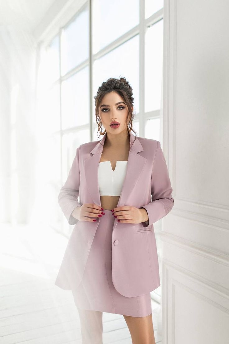 Fabric: High quality suiting fabric crepe diagonal Composition: cotton 65%, polyester 35% Included: jacket, skirt Single-breasted suit (2 button blazer) Jacket length: 72 cm/ 28,3 in Sleeve length: 62 cm/24, 4 in Skirt length: 47 cm/ 18,5 in Mini skirt Notch lapels jacket Jacket vent: no vent Lining option: fully-lined Color: purple, pink, olive Diagonal Composition, Women Suits, Pink Olive, Graduation Photography, Suiting Fabric, Formal Skirt, Summer Suits, 3 Piece Suits, Business Suit