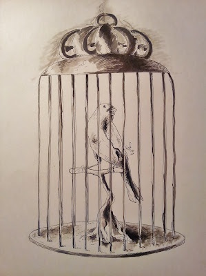 a drawing of a bird in a cage