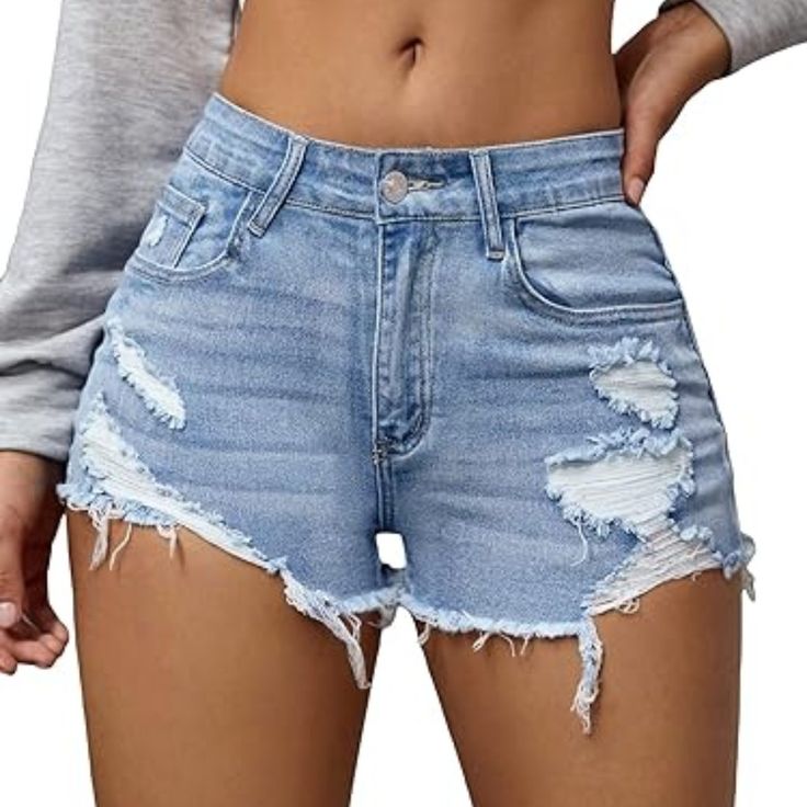 Denim Fabric, Has Some Stretch Raw Hem, Ripped, Pocket, Zipper, Straight Leg Easy To Pair With Blouse, Tee Top, Cami, Tank Top Model Measurements: Height: 68.5 Inch, Bust: 32.3 Inch, Waist: 24 Inch, Hips: 33.5 Inch. Wear: S Fitted Ripped Denim Jean Shorts, Fitted Denim Shorts With Ripped Details, Non-stretch Denim Jean Shorts, Non-stretch Medium Wash Denim Jean Shorts, Non-stretch Denim Jean Shorts For Spring, Non-stretch Medium Wash Jean Shorts For Summer, Top Model, Denim Fabric, Top Tee