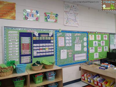 a classroom with many different items on the wall and in front of it is a bulletin board