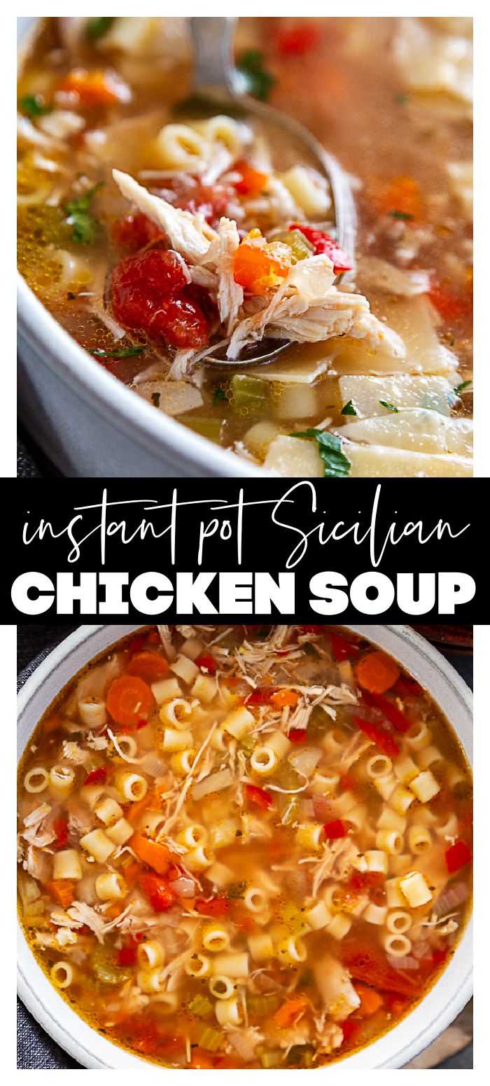 chicken noodle soup in a white bowl with the words instant pot brazilian chicken soup