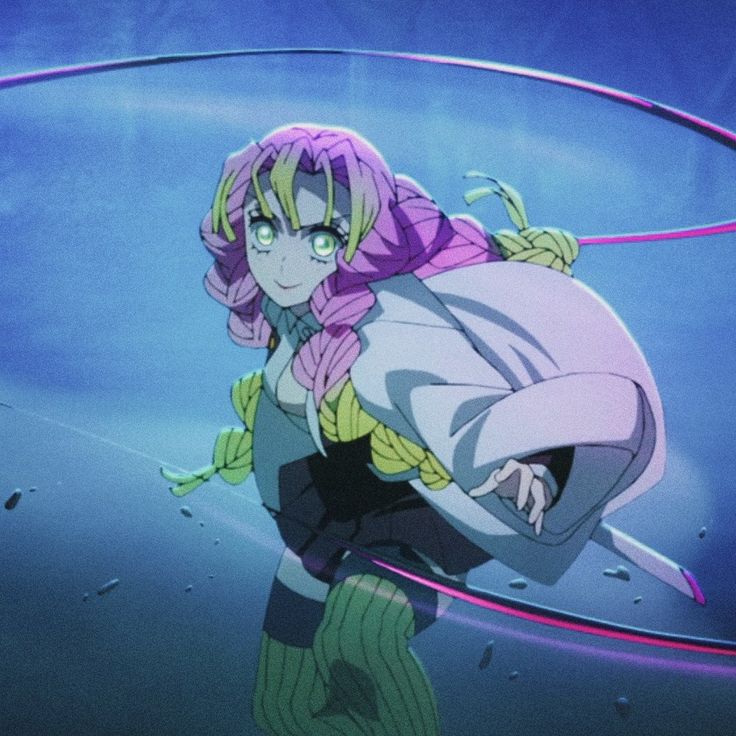 an anime character with purple hair and green eyes holding a pink object in her hand