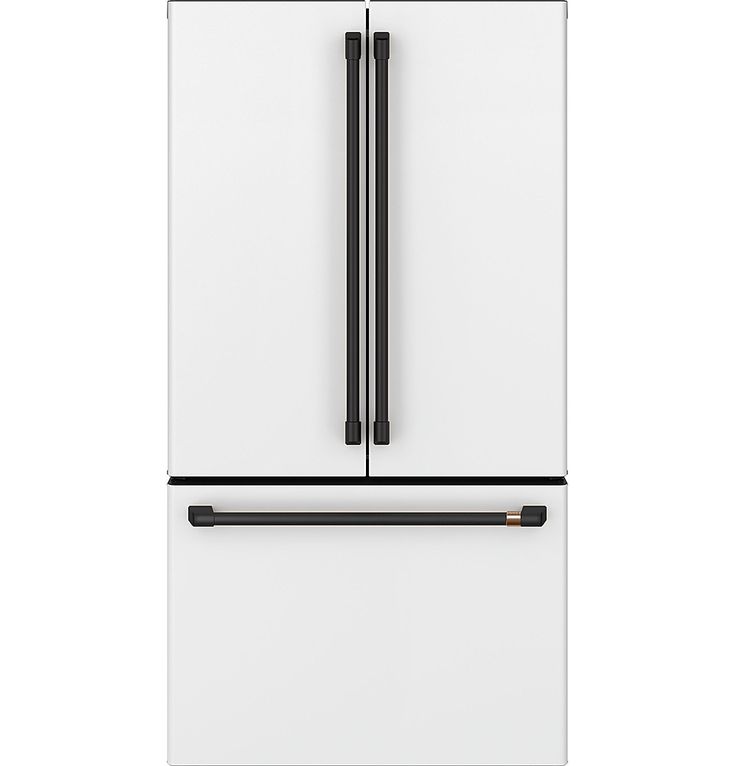 a white refrigerator freezer with two black handles