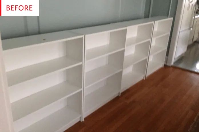 an empty room with white bookcases and wood flooring, before and after remodel