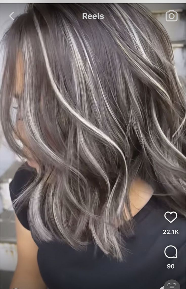 Brown Hair With Silver Highlights, Rambut Brunette, Ash Blonde Hair Colour, Grey Hair Transformation, Grey Hair Inspiration, Silver Highlights, Going Grey, Silver Hair Color, Ash Blonde Hair