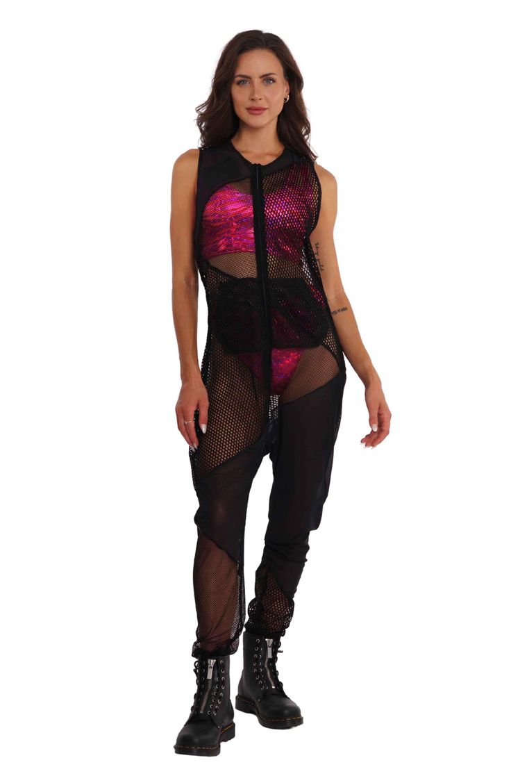 Get ready to mesh things up with our unisex black mesh boiler suit with mixed mesh paneling. This romper jumpsuit meets harem overalls will give you an edgy and breathable look that's perfect for dancing the night away. The mixed mesh paneling adds a touch of mesh-chievousness that will have everyone asking where you got it. Whether you're a fan of meshing around or just want to be comfortable and stylish, these coveralls have got you covered. So why settle for a basic jumpsuit when you can have