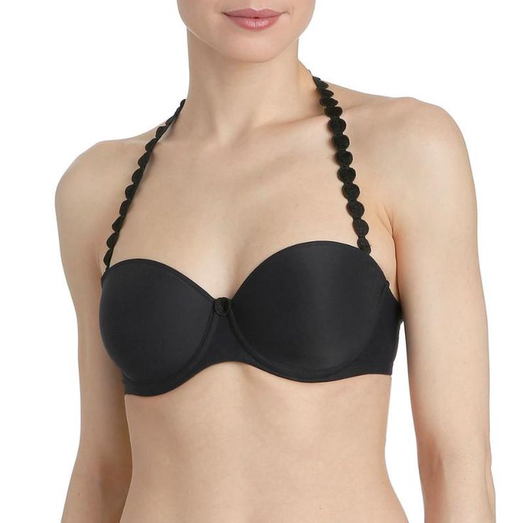 A strapless bra with the shape of a bandeau style. This bra has a straight back and a wide band made from stretch fabric for added support. Wear as a strapless bra or wear the straps over the shoulders or around the neck. Style# 012-0828 Style: Strapless Balcony Molded Underwired Bra Fabric: 39% Polyester, 35% Polyamide, 26% Elastane Design: Molded Balcony cup underwired bra with removable straps. Bra can be worn strapless or around the neck as a halter. Fit and Tips: True to size. Strepless Bra, Strapless Sports Bra With Built-in Bra, Solid Strapless Tube Top With Built-in Bra, Micro-elastic Strapless Bra, Affordable Strapless Intimates With Built-in Bra, Cafe Black, Breast Lift, Bra Brands, Breast Tape Lift