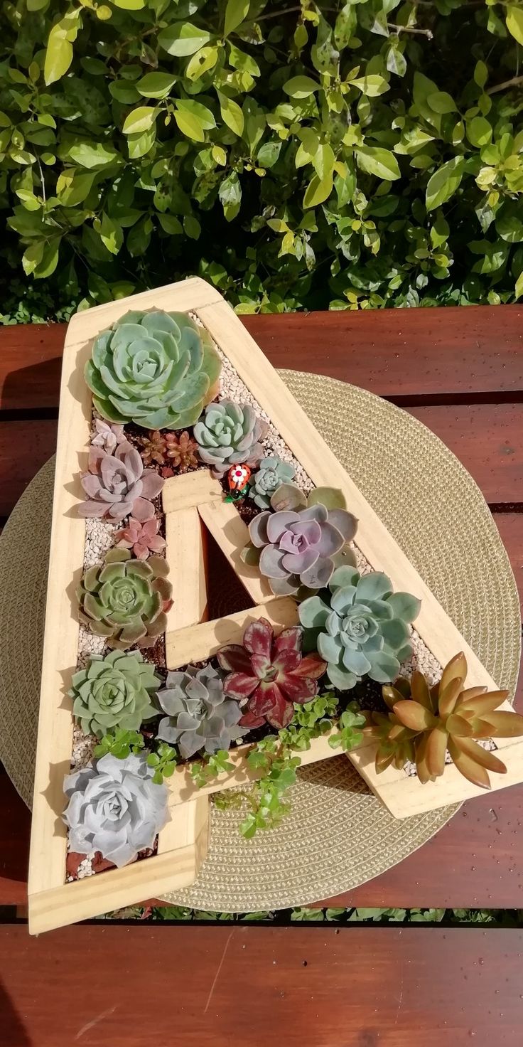 a wooden letter with succulents and plants in it