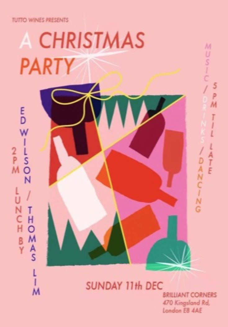 a poster for a christmas party with wine bottles and corks on it's pink background