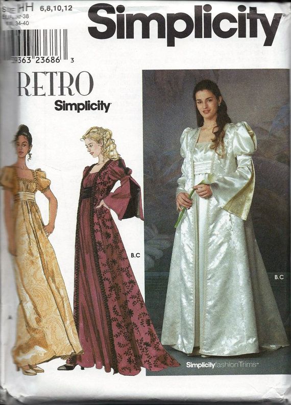 Simplicity 9045 Retro Misses Empire Waist Dress & Vest Renaissance Costume SCA Medieval Elizabethan Long Vest Pattern, Retro Bridal, Vest Sewing Pattern, Regency Dress, Costume Sewing Patterns, Regency Fashion, Costume Patterns, Miss Dress, Simplicity Sewing