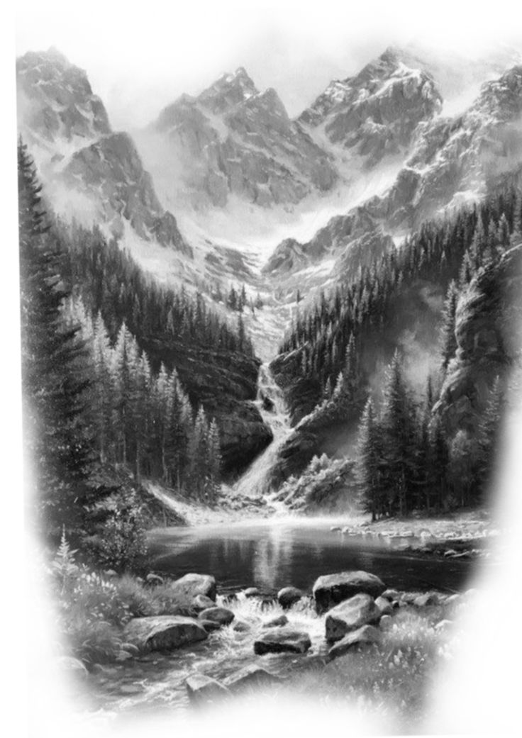 a black and white photo of mountains with trees in the foreground, and a river running through it