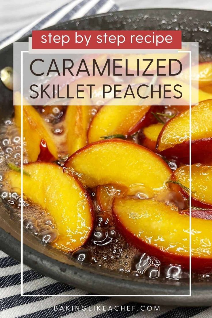 caramelized skillet peaches in a pan with text overlay