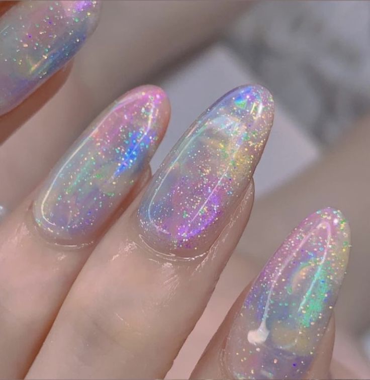 Galaxy French Nails, Lilac Iridescent Nails, Glitter Dip Powder Nails, Iridescent Nail Designs, Irredecent Nail Designs, Magical Nails, Bubble Nails, Opal Nails, Aurora Nails