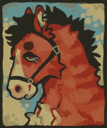 a painting of a red horse with black manes