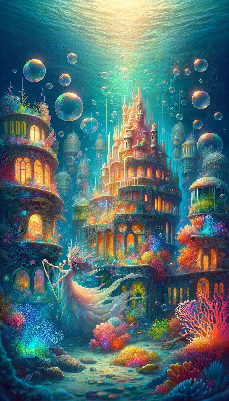 This lock screen wallpaper invites you to an enchanting underwater realm, where a fantastical city built from coral-like structures teems with life. Bubbles float gently towards the surface as a mermaid plays her harp among the colorful coral, with the glow of the city lights illuminating the ocean's wonders around her. Unique Lock Screen Wallpaper, Underwater City Fantasy Art, Underwater Castle, Ocean Creatures Art, Fantasy Place, Oil Pastel Landscape, Underwater Wallpaper, Ocean Drawing, Castle Drawing