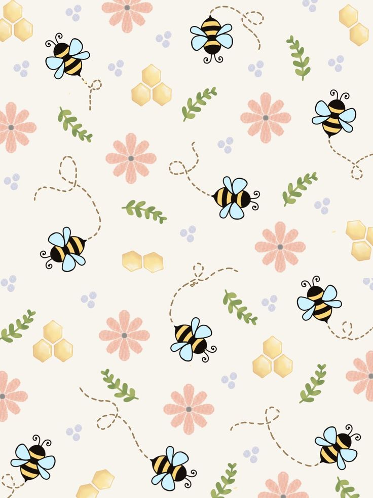 bees and flowers on a white background with blue, pink, yellow and green leaves