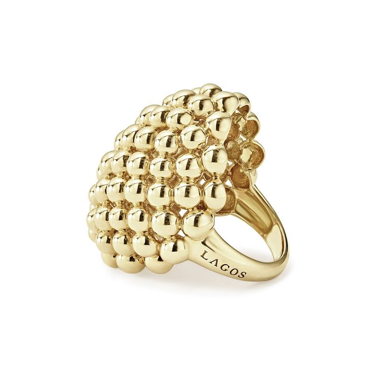 A Caviar moment. Bold signature beading forms this statement making 18K gold ring. Simple Stacking Rings, Gold Thumb Rings, Gold Dome Ring, Lagos Jewelry, Wax Carving, Dome Ring, 18k Gold Ring, Domed Ring, Thumb Rings