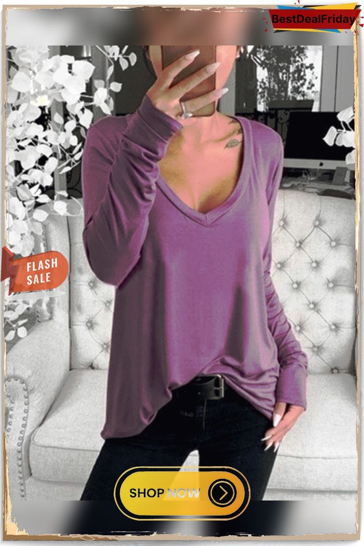 Casual Long Sleeve Bottoming T-shirt Casual Stretch Top With Solid Color, Casual Stretch Top In Solid Color, Trendy Solid Purple Top, Plain V-neck Top For Fall, Trendy Purple Solid Color Top, Casual V-neck Plain Top, Basic Long Sleeve Purple Top, Trendy V-neck T-shirt For Fall, Basic Purple Long Sleeve Top