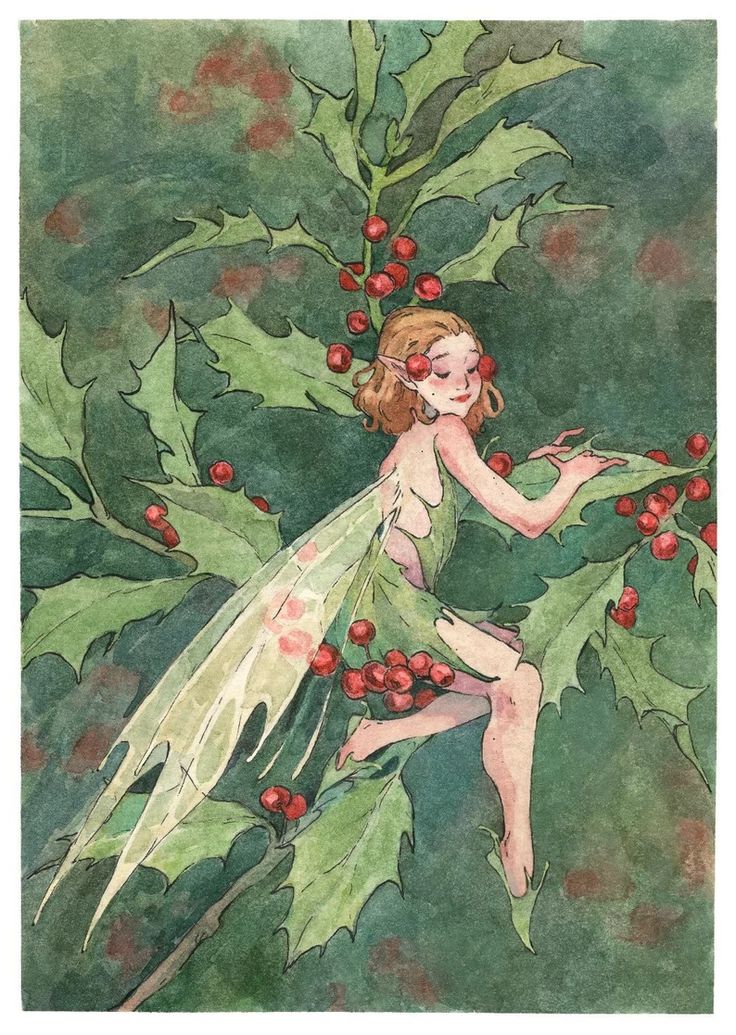 a watercolor painting of a fairy with holly leaves and berries on her body, holding onto a leafy branch