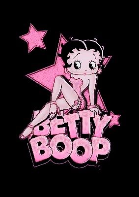 the betty boop logo is shown on a black background with stars and an image of a woman