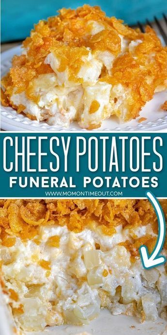 Cheesy Potatoes (or Funeral Potatoes) are the ultimate comfort food! Easy and delicious, this tasty side dish is perfect for the holidays! Keto Cheesy Potatoes, Potluck Cheesy Potatoes, Cheesy Potatoes With Velveeta, Velveeta Cheesy Potatoes, Cheesy Potatoes Velveeta, Party Potatoes, Cheesy Potatoes Recipe, Cheesy Potato Casserole, Cheesy Potato