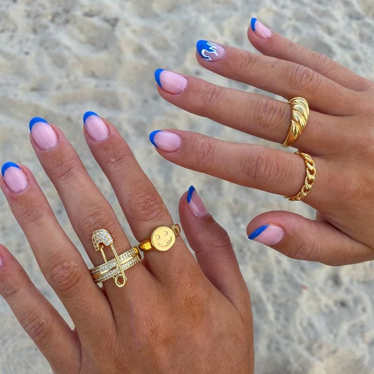 Nails With Blue Details, French Tip Nails Bule, Different Blue French Tip Nails, Cobalt Blue French Tip Nails, Electric Blue French Tip Nails, French Tip With Royal Blue Design, Blue Tipped Nails, Fun Blue French Tip Nails, Gel Tips Nails Ideas