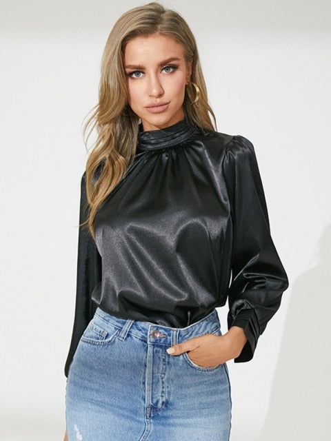 VLADA ELEGANT BLOUSE Turtle-neck Printed Satin Regular Fit/Fits true to size SIZE BUST WAIST LENGTH SHOULDER SLEEVE S cm 104 105 66 34.8 58.4 inches 40.9 41.3 26 13.7 23 M cm 109 110 67 36 59 inches 42.9 43.3 26.4 14.2 23.2 L cm 114 115 68 37.3 59.6 inches 44.9 45.3 26.8 14.7 23.5 XL cm 119 120 69 38.5 60.2 inches 46.9 47.2 27.2 15.2 23.7 2XL cm 124 125 70 39.8 60.8 inches 48.8 49.2 27.6 15.6 23.9 3XL cm 129 130 71 41 61.4 inches 50.8 51.2 28 16.1 24.2 4XL cm 134 135 72 42.5 62 inches 52.8 53.1 Satin Blouse Long Sleeve, Silky Shirt, Mini Dress Formal, Satin Blouses, 2022 Fashion, Elegant Blouses, Satin Blouse, Satin Top, Lantern Sleeve