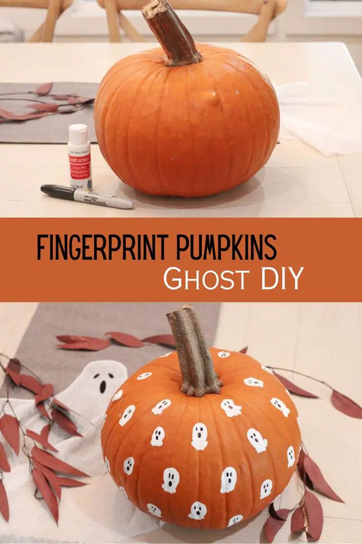 two pumpkins with ghost faces painted on them and the words fingerprint pumpkins ghost diy