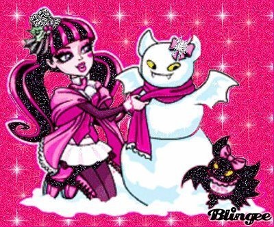 a drawing of a girl next to a snowman with a cat on the other side