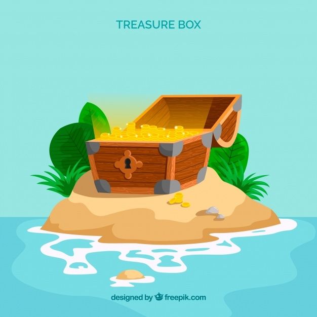 an island with a chest full of gold on it and the words treasure box above it