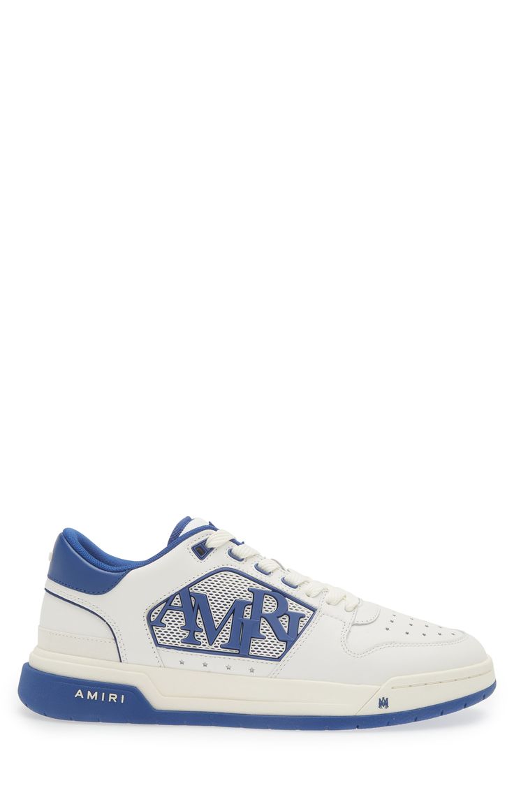 AMIRI adds a new sneaker to their lineup with this low-top style that features a rubberized logo detailing the mesh sidewall and tiny star-shaped perforations. Lace-up style Removable insole Leather upper/textile lining/rubber sole Imported Designer Shoes Lace-up Mesh Sneakers With Logo, Blue Lace-up Sneakers With Logo, Blue Sporty High-top Sneakers With Logo, Blue Sporty Sneakers With Logo, Low-top Sneakers For Light Sports With Logo, Blue Leather Sneakers With Logo, Blue Sneakers With Embossed Logo For Streetwear, Streetwear Custom Mesh Sneakers With Perforations, Low-top Logo Sneakers In Athleisure Style