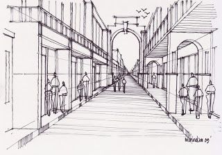 a drawing of people walking down a long hallway