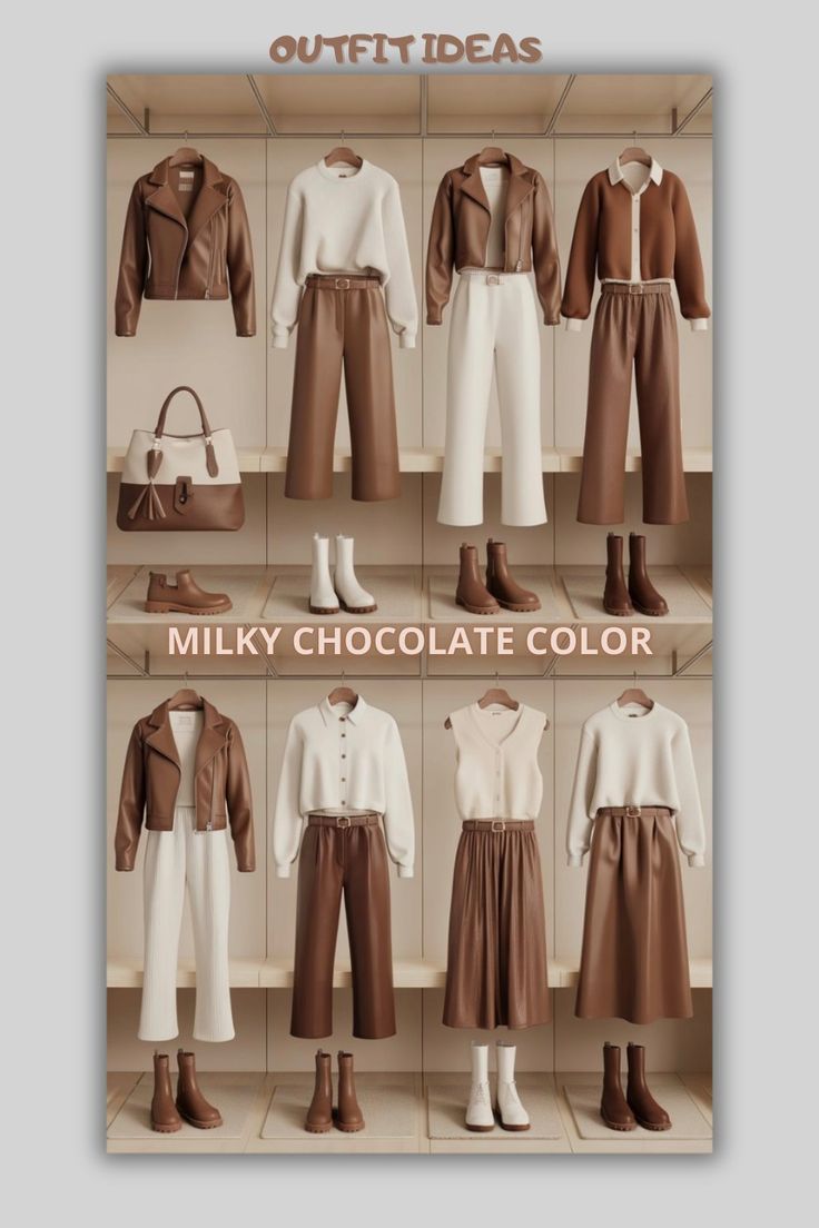 cappuccino, soft latte. A coffee-colored trench coat over a white turtleneck and straight-leg trousers. A cozy coffee-toned sweater with a white pencil skirt.
variations like coffee leather jackets, white blouses, coffee high-waisted pants, and midi skirts. Accessories such as coffee ankle boots, white scarves, and leather belts complement each outfit. spaced evenly, materials wool, cotton, or leather. smooth fabric transitions, ensuring no smudged or unclear areas. Soft, warm autumn lighting.. White And Brown Outfits For Women, Brown And White Outfit, Skirt Variations, White Pencil Skirt, Style Parisienne, White Blouses, Cozy Coffee, Modest Fashion Winter, Winter Ideas