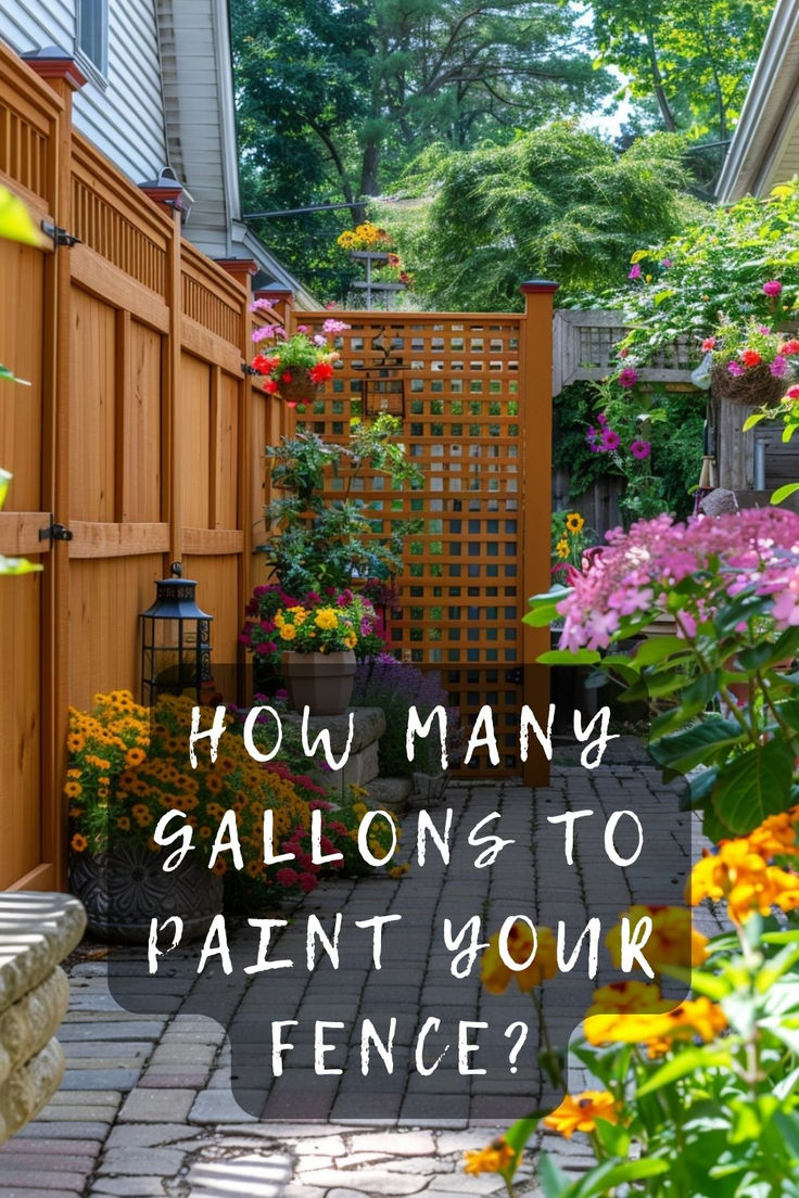 an outdoor patio with flowers and plants in the foreground text reads, how many salons to paint your fence?