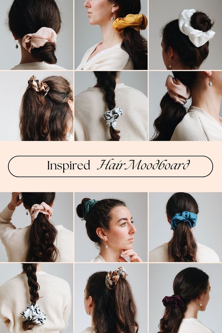 Image features a colleague of 12 images with a person with long brown hair. The images all includes hair accessories (scrunchies). From left to right:
- Low bun with cream scrunchie
- Low ponytail with yellow scrunchie 
- High bun with white lace scrunchie
(Row 2):
- Paisley scrunchie in half up do 
- Black/white scrunchie in loose braid 
- Cream scrunchie in low bun 
(Row 3):
- Low messy ponytail with cream scrunchie
- High bun with teal scrunchie 
- Low ponytail with blue scrunchie Scrunchie Short Hairstyles, Scrunchies Hairstyles Short Hair, Large Scrunchie Hairstyles, Scrunchie Hairstyles Short Hair, Hairstyles With Scrunchies, Crochet Photoshoot, Knitted Scrunchies, Scrunchies Hairstyles, Oversized Scrunchie