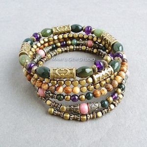 Memory Wire Bracelet, Memory Wire Bracelets, Memory Wire, Wire Bracelet, Green And Purple, Wrap Around, Amethyst, Beaded Bracelets, Brass