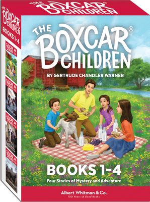 the boxcar children book 1 - 4 is shown in front of an image of people sitting