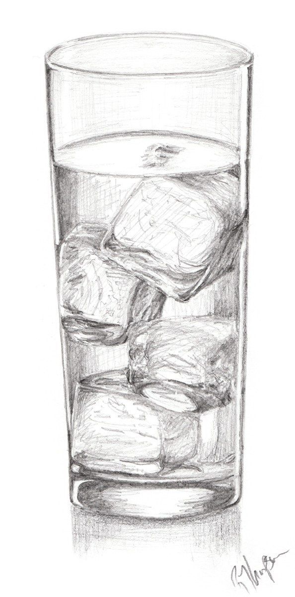 a drawing of rocks in a glass with ice cubes on the bottom and one rock sitting next to it