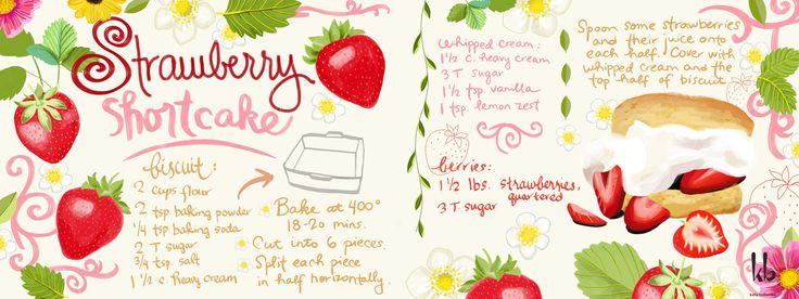 the strawberry shortcake recipe is shown in this hand - drawn illustration, which includes strawberries and whipped cream